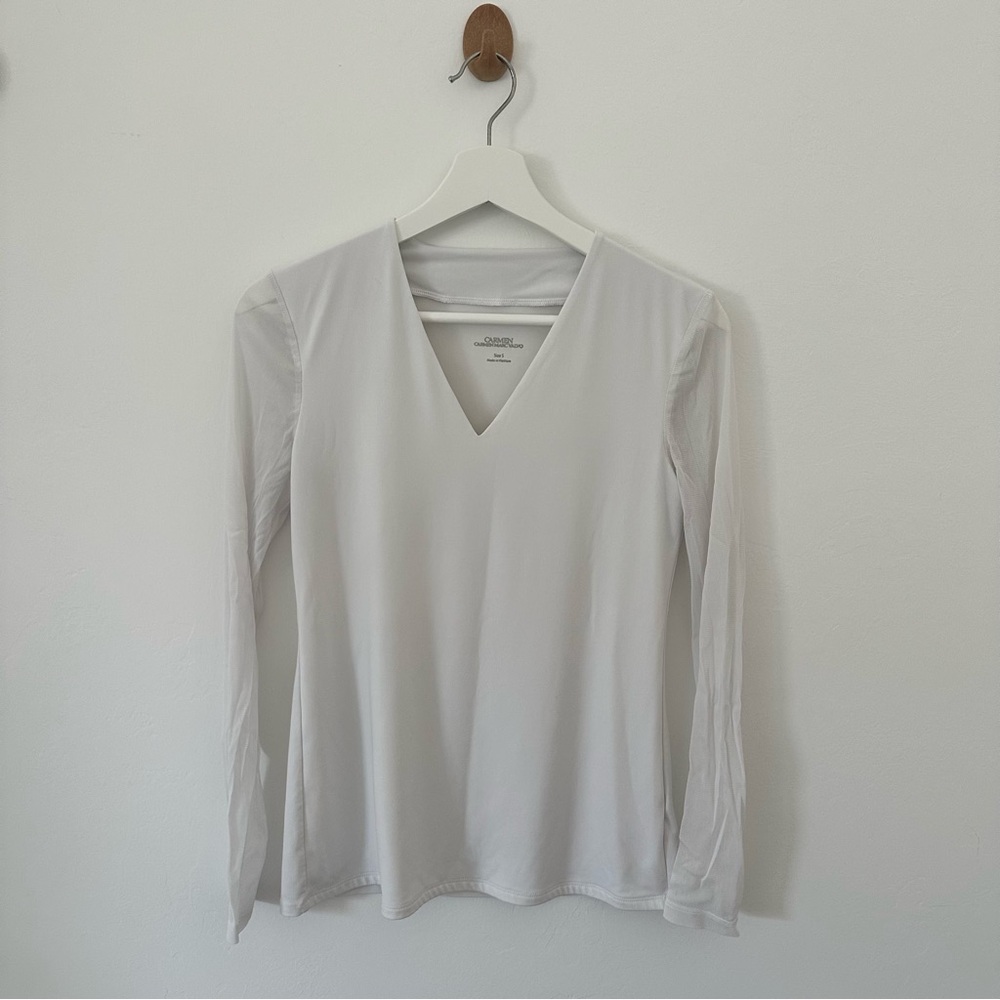 Carmen Marc Valvo Classic Sheer White Long Sleeve Top